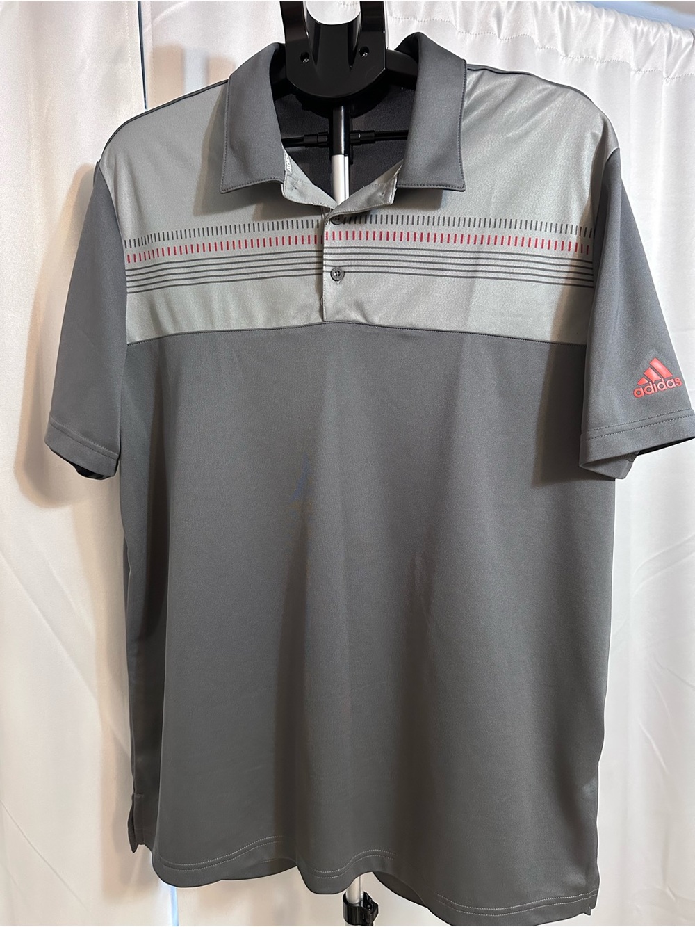 adidas Gray Polo with Light Gray Yoke and Red Stripe Accents